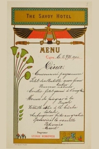 Menu del Savoy Hotel del Cairo, 1900