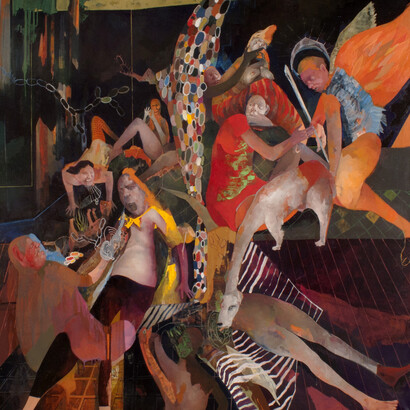 Chiara Sorgato, La festa dei germi e dei paranoici, 2014, 150 x 150 cm, olio su tela