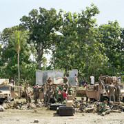 An-My Lê, Earthquake Relief, Marine Corps Weapons Company Beach Landing Site, Haiti, 2010, Archival pigment print, 40 x 56 1/2 inches, Edition of 5, Image courtesy of the artist and Murray Guy, New York
