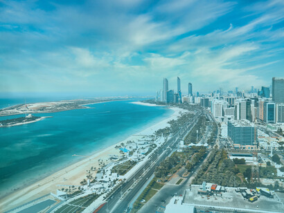 Aerial view of downtown Abu Dhabi, with the beach in view, UAE