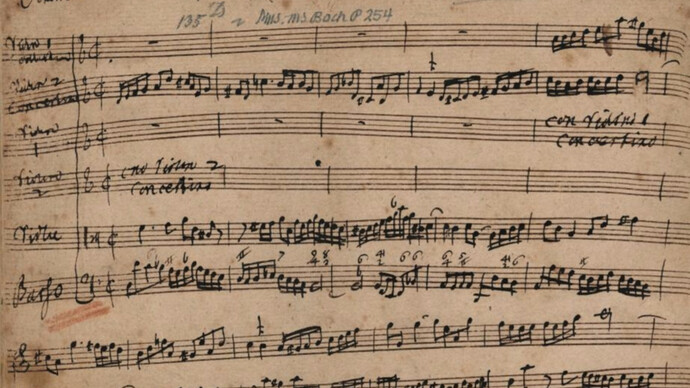 Concierto para 2 violines en re menor, BWV 1043 (Bach, Johann Sebastian), copia manuscrita del inicio del primer movimiento por Samuel Hering (siglo XVIII)