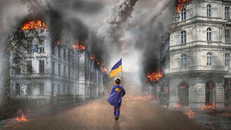 Boy holding Ukrainian flag walks through post-war ruins