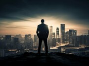 A lone man in a suit contemplates the skyline—consumerism’s temple and modernism’s battlefield, where freedom and conformity quietly collide