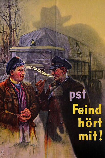 Cartel de propaganda nacionalsocialista de la campaña antiespionaje "¡Pst... el enemigo está escuchando". Diseño de Erich Ludwig Stahl, 1944