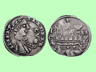 Italia, Bergamo. Comune. XI - inizi XIV secolo.    AR Grosso da 6 denari (1.20 g, 10h). coniato a nome di Federico II, 1236-1250. IMPRT FREDERI/CVS (S orizzontale), busto laureato, drappeggiato e armato dx. PGA in verticale a sinistra nel campo, MVM a destra (P barrata), facciata di chiesa fiancheggiata da torri. In alto crescenti. CNI IV pg. 44, 126; Biaggi 352