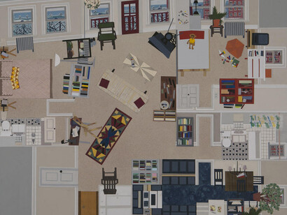 Ann Toebbe, E & A, 2014, gouache, flocking and cut paper on panel, 22 by 26 inches