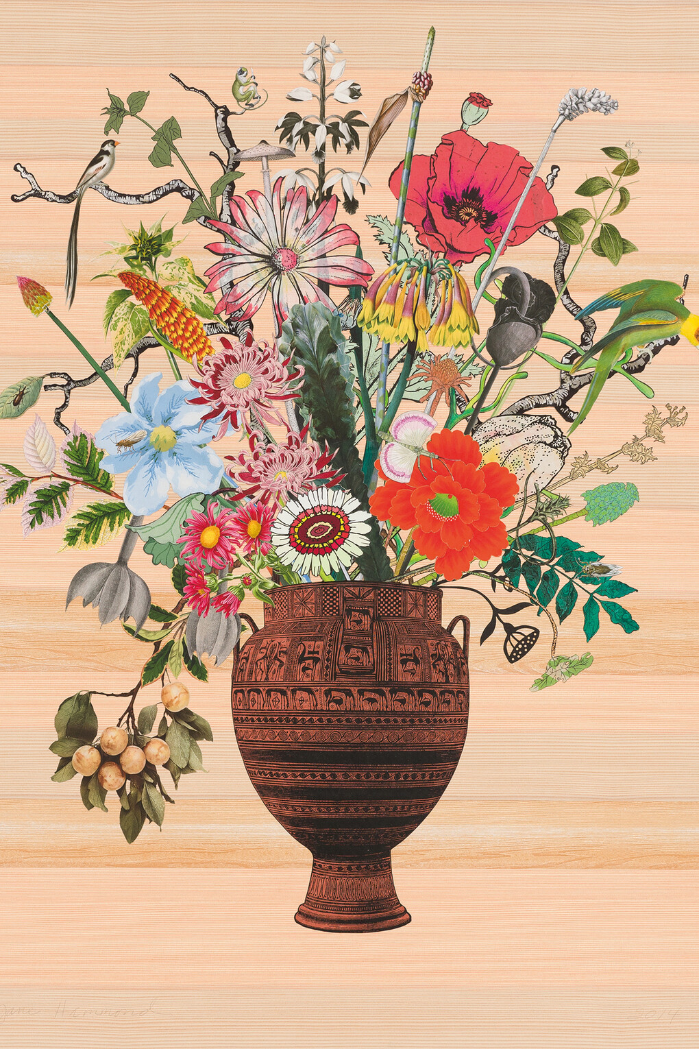 Jane Hammond, Greek Vase with Yellow Plums and Carolina Parrot