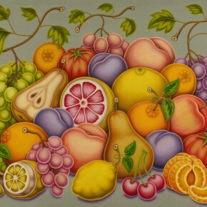 Pedro Pedro, Pile of Fruit with Grapes, Tomatoes, a Peeled Lemon and Orange. Courtesy of the artist, Art for Change and Phillips
