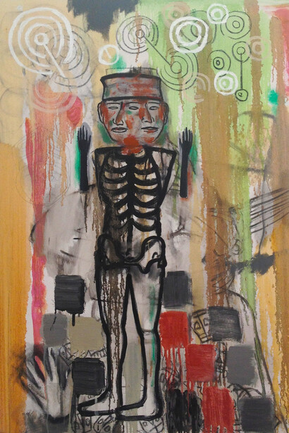 Jaune Quick-to-See Smith, Face of Ancient America, 2013, Oil on canvas 48” x 36” © Courtesy of Accola Griefen