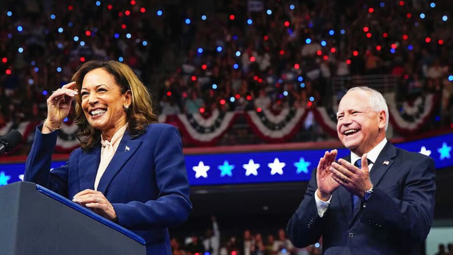 Democrat candidates Kamala Harris and Tim Walz at a rally
