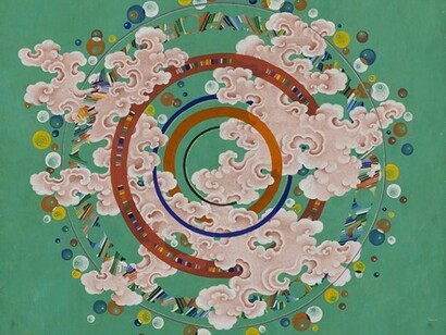 Pema Rinzin, Wheel of Time and Space (1), 2014, Ground mineral pigments, gold, on wood, 20 x 24 inches. Images courtesy of Joshua Liner Gallery