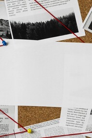 A corkboard displaying a chaotic arrangement of potential evidence – photographs, text fragments, and connections made with red string – visually encapsulates the intricate and often perplexing nature of true crime stories that captivate consumers