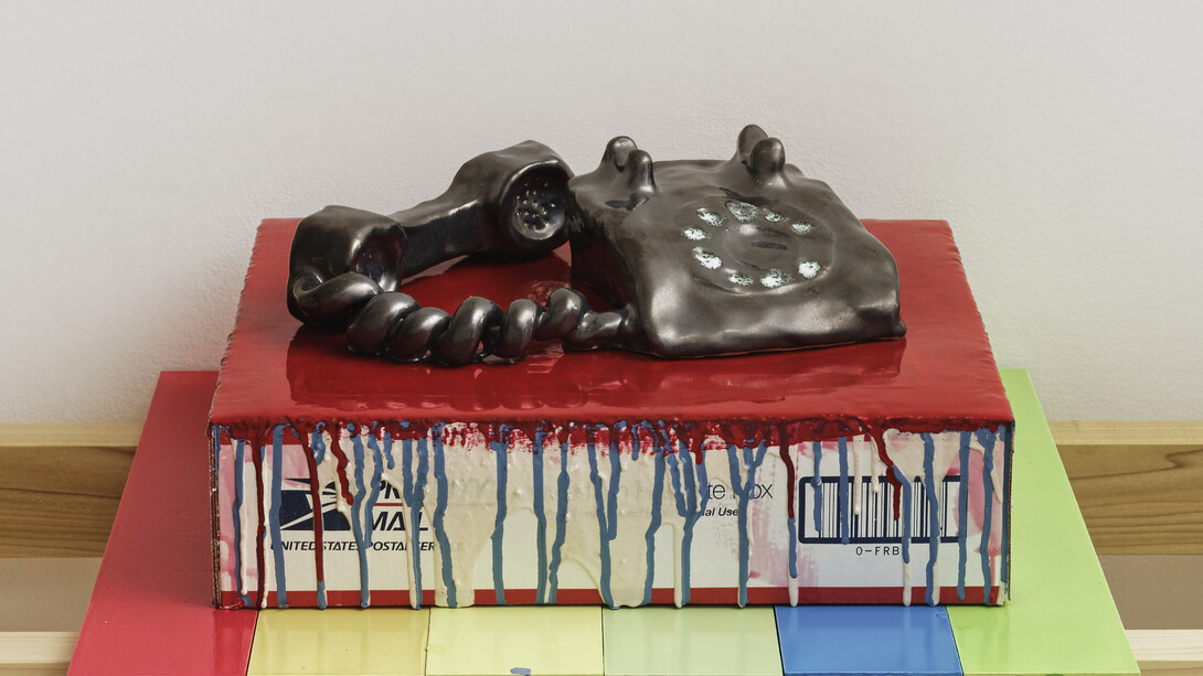 Pam Lins, 2015, MDF shelves with GTO colors, USPS, Flat Rate box, aqua resin, acrylic paint, and ceramic model