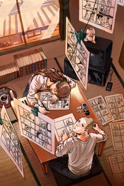 Nakamura Hikaru (b. 1984), Jesus and Buddha drawing manga. Cover artwork for Saint Oniisan vol. 10. Digital Print, hand drawn and coloured on computer, 2014. JTI Japanese Acquisition Fund, © Nakamura Hikaru/ Kodansha Ltd