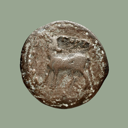 Moneta in bronzo ritrovata durante gli scavi archeologici nell'antico sito di Gortina, Creta, Grecia. Attualmente conservata presso la Bibliothèque nationale de France, Francia
