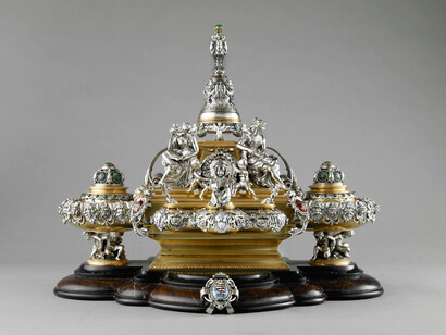 Fritz von Miller (German, 1840-1921) and Adam Hausinger (1820-1908). Jewel- and gem-set inkstand, 1864. Silver, gilt-bronze, and enamel. Photo by John Faier © The Richard H. Driehaus Museum
