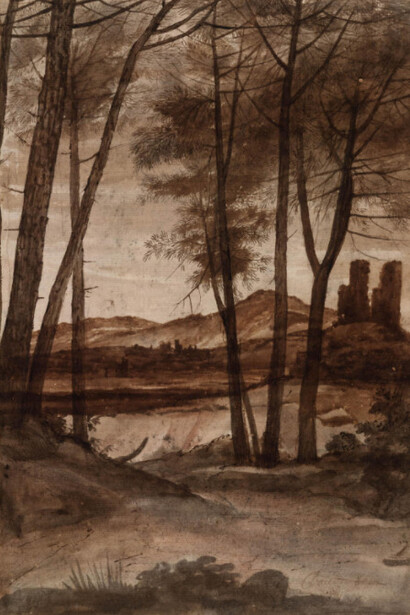 Claude Lorrain (1604/05–1682), Tiberlandschaft bei Torre del Quinto mit Blick auf den Monte Gennaro, um 1638/40