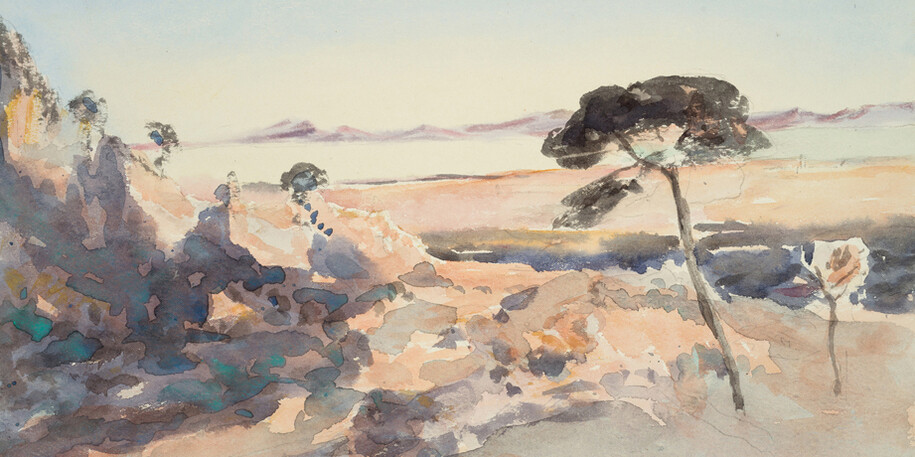 Parasol pink mountains sky background pink, not dated. Barbara Leigh Smith Bodichon (1827–1891). Watercolor on paper mounted, 8 1/8 × 14 1/4 inches. Delaware Art Museum, Acquisition Fund, 2017.