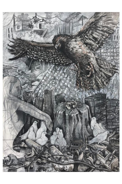 Gabrielle J. Poteet, Broome St., 2023, charcoal, conte pencil, oil, and gesso, on board, 48x36 inches. Courtesy the artist and Voltz Clarke Gallery, NYC