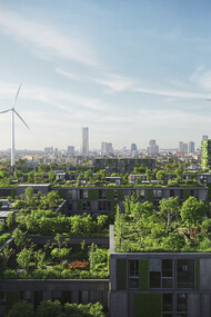 Eco-city with wind turbines and green rooftops representing development that does not sacrifice the environmental good