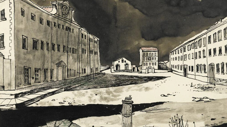 John Minton, Deserted Garrison, pen and ink, ink wash, charcoal and coloured chalks, 1947 © Royal College of Art