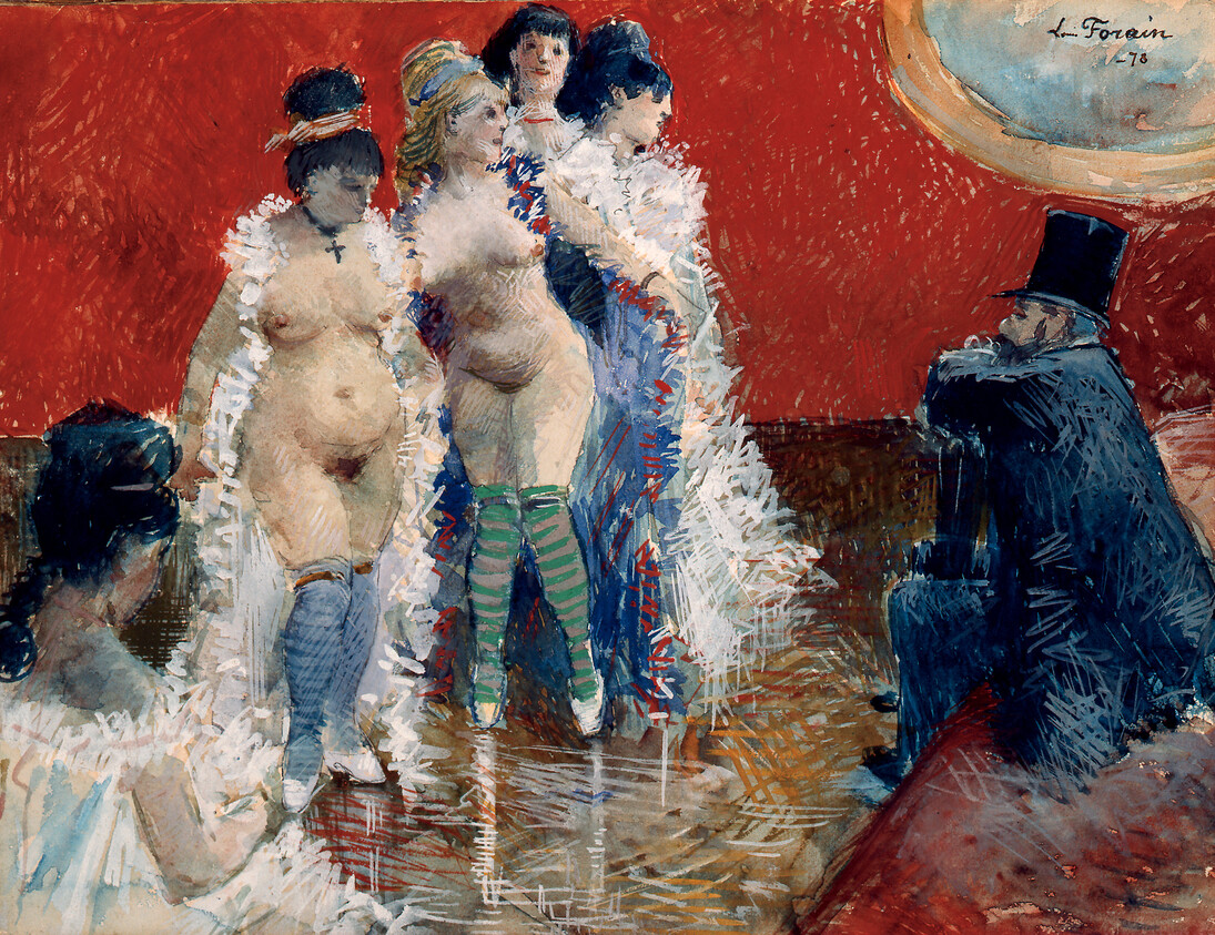 Jean-Louis Forain, The Customer, 1878, watercolour and gouache on paper, 9 ¾ × 12 ¾ in., collection of the Dixon Gallery and Gardens, Memphis