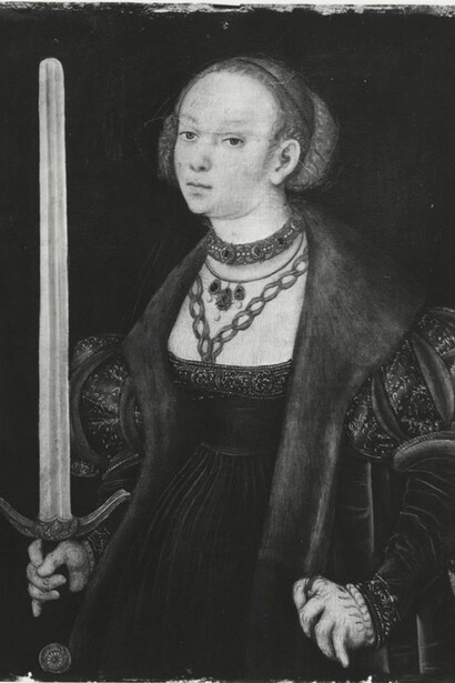 Studio of Lucas Cranach the Elder (1472-1553), Judith with the Head of Holofernes, c.1550 (photo before overpaint removed in 1936). Removal of overpainting in 1936 revealed the head of Holofernes, probably painted out to make a more attractive image. Photo courtesy NGI Archive