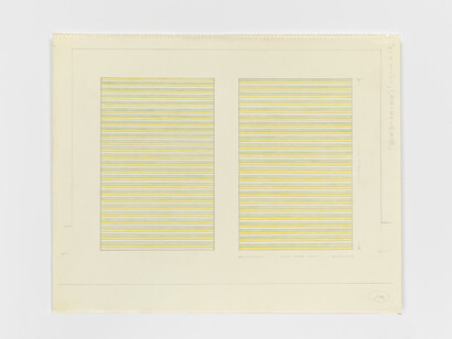 On Kawara, Paris–New York Drawing no. 144, 1964, Graphite and colored pencil on paper, perforated top edge, 4 9/16 x 18 1/16 inches (37 x 46 cm), Collection of the artist. Photo: Courtesy David Zwirner, New York/London