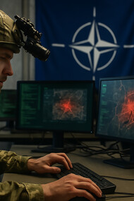 A NATO cyber defense officer monitors digital threats during a simulated hybrid warfare scenario, reflecting the Alliance’s frontline role against cyberattacks and disinformation