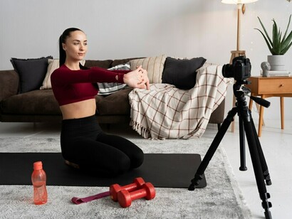 A digital fitness instructor records a session, embodying the rise of online gurus, virtual healing, and the fusion of social media mysticism with modern spirituality