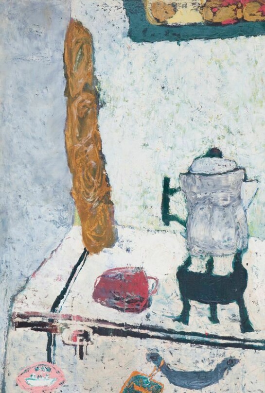 Lyn Brown Brockway, Breakfast in a Paris Lodging, 1951, Oil on muslin 45 x 31 in. Collection of Anne and Robert Bertholf
