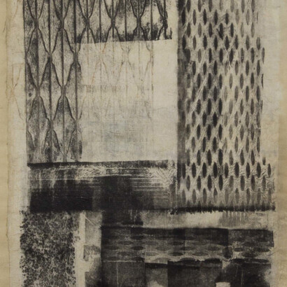 Sari Dienes, Subway (detail), c. 1953–1955, Ink on webril, 75 x 33 inches. Courtesy of The Sari Dienes Foundation, Pomona, NY. © Sari Dienes Foundation/Licensed by VAGA, New York