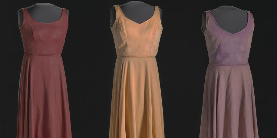 Costume dresses from for colored girls... on Broadway, 1976-78. Designed by Judy Dearing. Gift of the Black Fashion Museum founded by Lois K. Alexander-Lane, 2007.3.35-.37