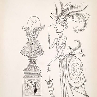 Saul Steinberg, Untitled (Woman & Monument), c.1946, Ink on paper, 14 7/8" x 11 1/8". Courtesy of Adam Baumgold Gallery