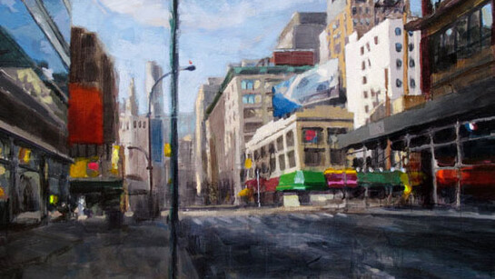 Laurent Dauptain, Boutiques et reflets, 2014, Oil on Canvas, 38" x 57½"