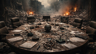A shattered negotiating table stands in the middle of a devastated city, symbolizing the collapse of diplomacy and the human cost of conflicts that replace dialogue with war