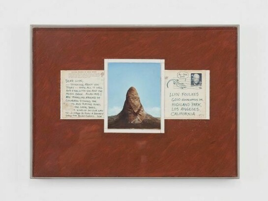 Llyn Foulkes, Esther, Maiden of Mesa Verde, 1974, Oil and acrylic on photograph with collage, Plexiglas frame: 10 1/2 x 14 1/2 inches (26.7 x 36.8 cm) Dated, lower right recto © Llyn Foulkes, photograph taken by Lance Brewer, courtesy of Andrea Rosen Gallery