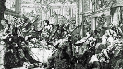 Un monje, con una muleta a su lado, se vuelve para admirar la figura desnuda de Lujuria, sentada a horcajadas en una cama, que le devuelve la mirada; detrás de ella, dos demonios usan fuelles para avivar un globo u orbe en llamas 