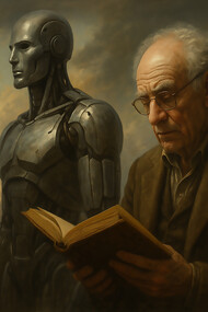 An elderly scholar reads intently beside a towering robot, set against a backdrop where a decaying city meets a futuristic skyline, symbolizing the tension between history, human agency, and technological destiny