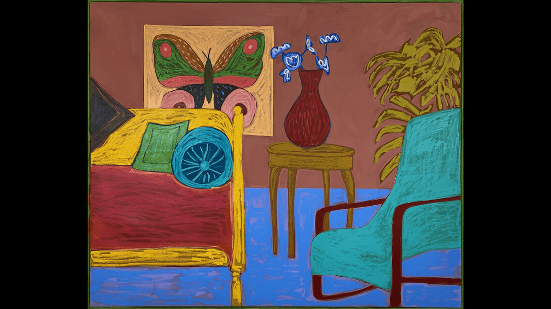 Mary Finlayson, Parlor Room with Blue Vase, oil on Canvas, 60x72 inches. Courtesy the artist and JoAnne Artman Gallery
