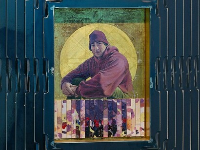 The artist’s portrait of his late friend Gordon sits within a stepped metal frame — a layered piece that speaks of memory, loss, and devotion