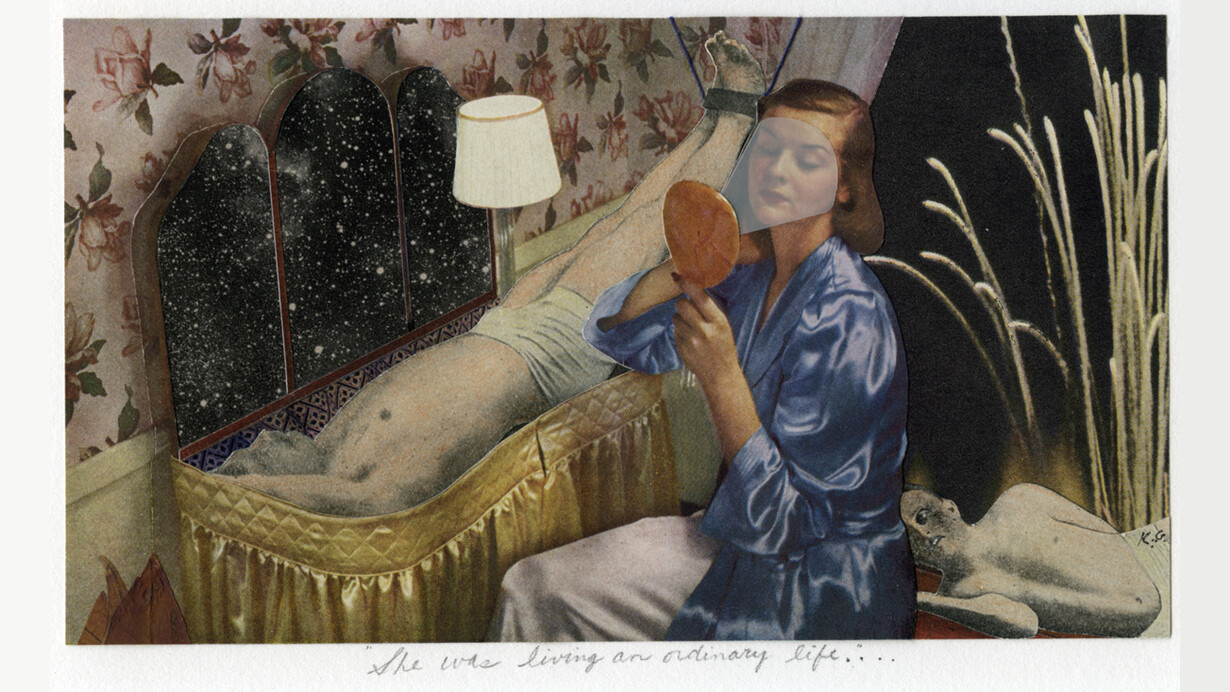 Ken Graves, She Was Leading An Ordinary Life, Signed on print in pencil, Unique mixed media collage,3.5 x 6 inches. Courtesy of Rosegallery