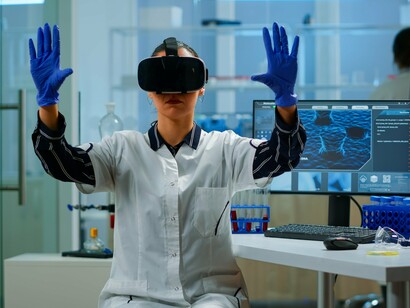 A scientist wearing VR goggles gestures in a gleaming lab, illustrating how immersive R&D centers drive the high-value innovation needed for regional economic rebalancing