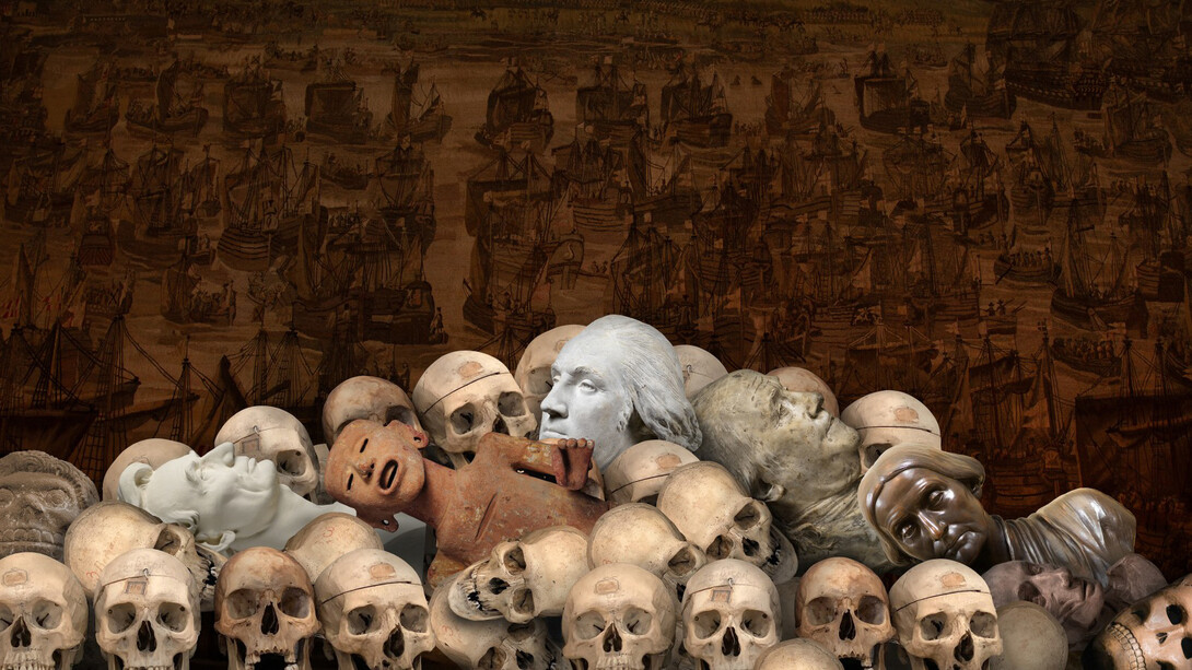 Ken Gonzales-Day, Afterlife (Digital composition with Mexico, Effigy of Death, National Museum of Anthropology (MNA), Mexico City; Leonard Wells Volk, Abraham Lincoln, Smithsonian National Portrait Gallery (NGP); Mexico, Aztec, Figure of Xipe Totec, LACMA; Jean-Antoine Houdon, George Washington, NPG; Houdon, Benjamin Franklin, NPG; Adelaide Johnson, Susan B. Anthony, NPG; Mexico,Scull Mask, MNA; Jean-Antoine Houdon, Flayed Man; Sculls, Museum of Criminal Anthropology, Turin; Rosenborg Tapestries, Rosenborg Castle, Copenhagen), 2025. Courtesy of Luis De Jesus Gallery