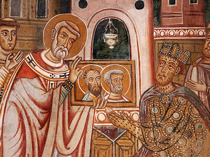 Cappella di San Silvestro, affreschi del 1246, Papa Silvestro I fa venere i SS. Pietro e Paolo all'imperatore Costantino, Roma