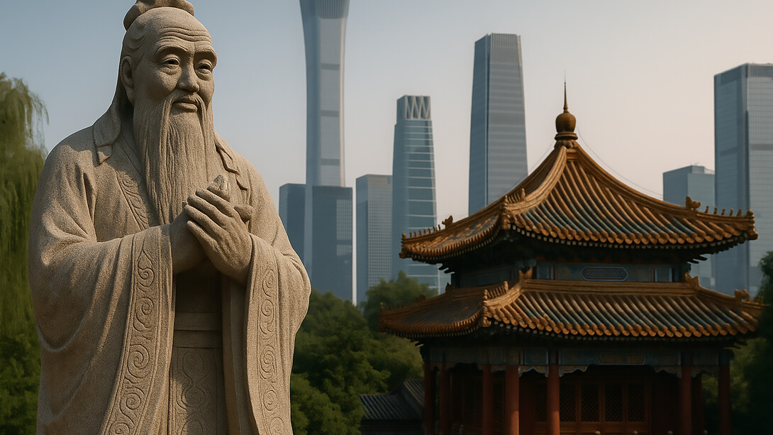 A statue of Confucius stands calmly between traditional Chinese architecture and a modern skyline, symbolizing the enduring influence of ancient wisdom in shaping the future of a changing global order