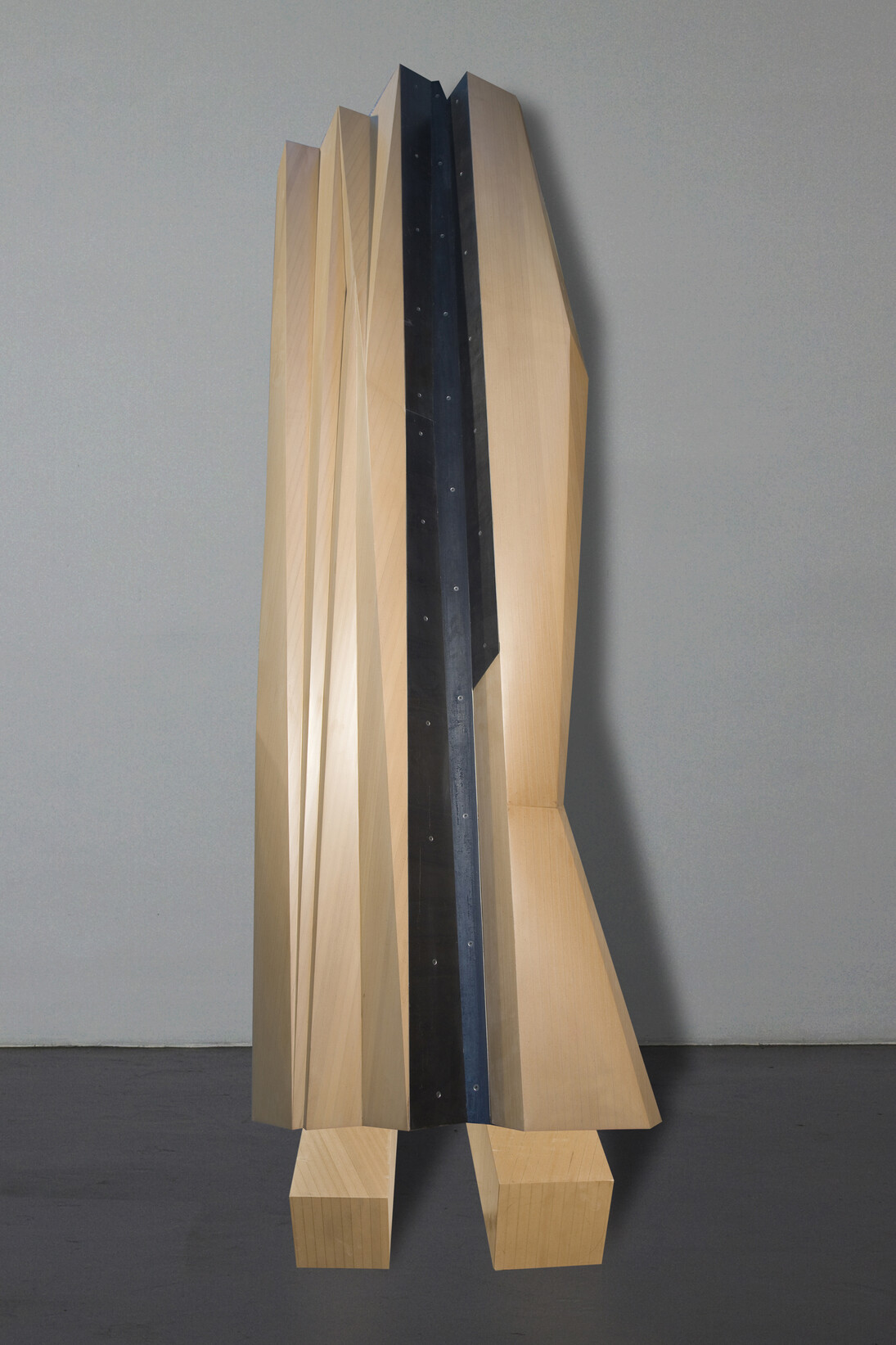 Wang Jianwei, Time Temple 5, 2014, Wood and steel . Three parts: one part, 274 x 83.5 x 23 cm; one part, 35 x 60 x 35 cm; one part, 35 x 60 x 35 cm, dimensions vary with installation. Solomon R. Guggenheim Museum, New York, Acquisition in process, The Robert H. N. Ho Family Foundation Collection. Photo: Xu Boxin, courtesy the artist. Wang Jianwei © 2014 Wang Jianwei, used by permission. 