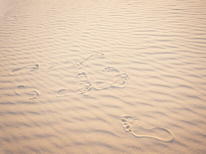 Huellas de pies en la fina arena del desierto