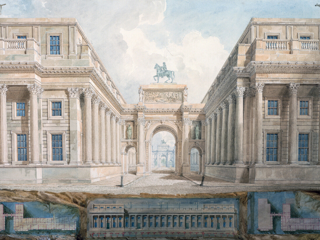 Joseph Michael Gandy, Perspective of Arch between two buildings adjoining Downing Street 1827, Pencil, pen and ink and watercolour, 720 x 1300mm