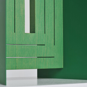 Matt Paweski, Window (Thin), 2014, Euro-beech hardwood, steel, copper rivets, enamel, wax, 96.5 x 22.8 x 17.7 cm / 38 x 9 x 7 in, Plinth: 91.4 x 38.1 x 27.9 cm / 36 x 18 x 10 in. Photo Credit: Ruben Diaz